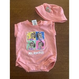 Ms. Rachel 2 Piece Baby Girl Bright Coral Outfit Set Size 3-6 Months Hat Romper